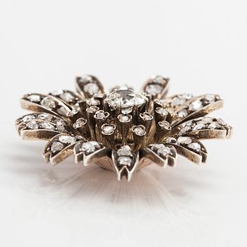 Brosch/hårsmycke/hänge, 18K guld/silver och gammalslipade diamanter, Franska stämplar, 1900-talets början.