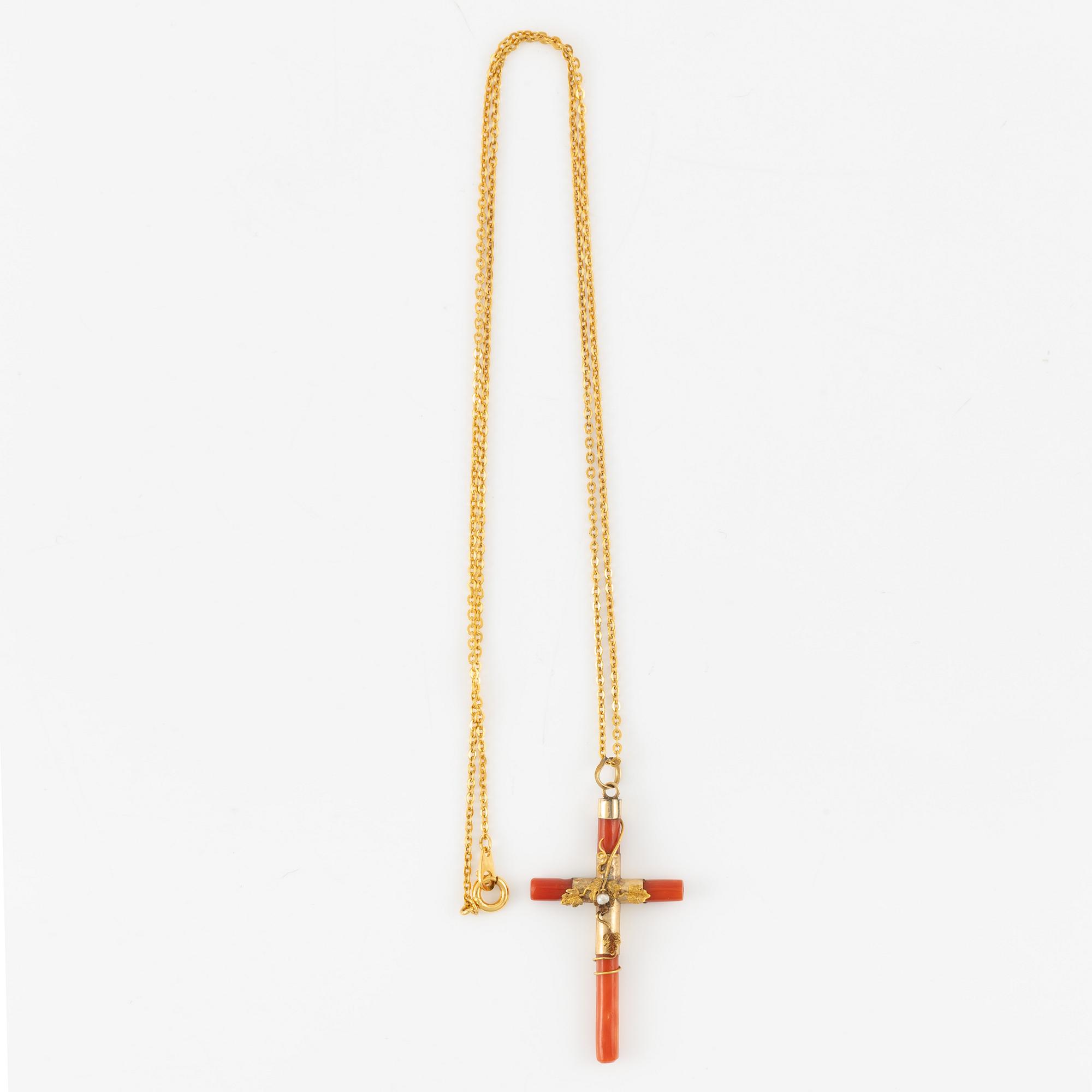 Pendant/cross in coral and 14K gold with a pearl.
