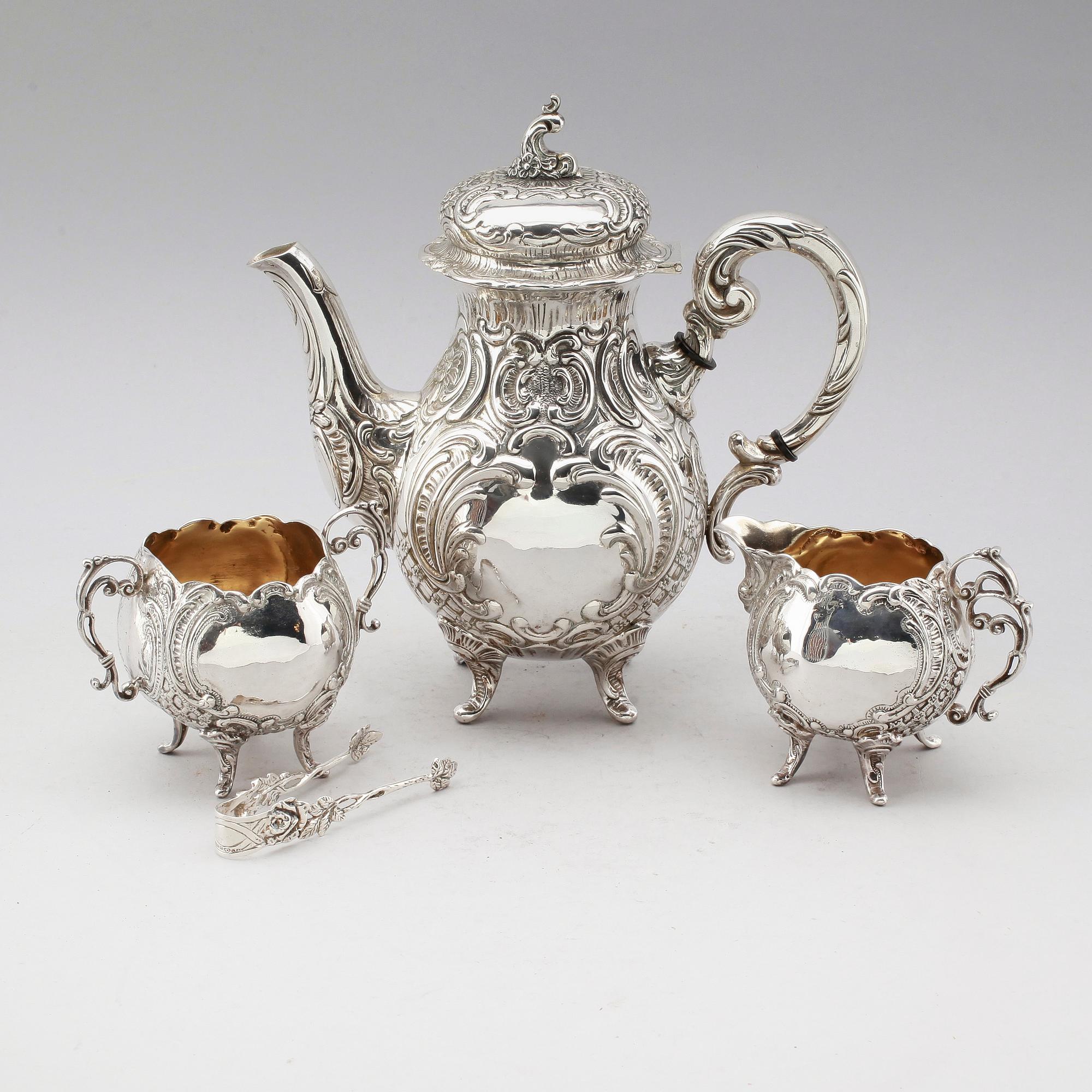 KAFFESERVIS, 3 delar, silver, GEWE, 1949/51. Vikt ca 1516 gram.