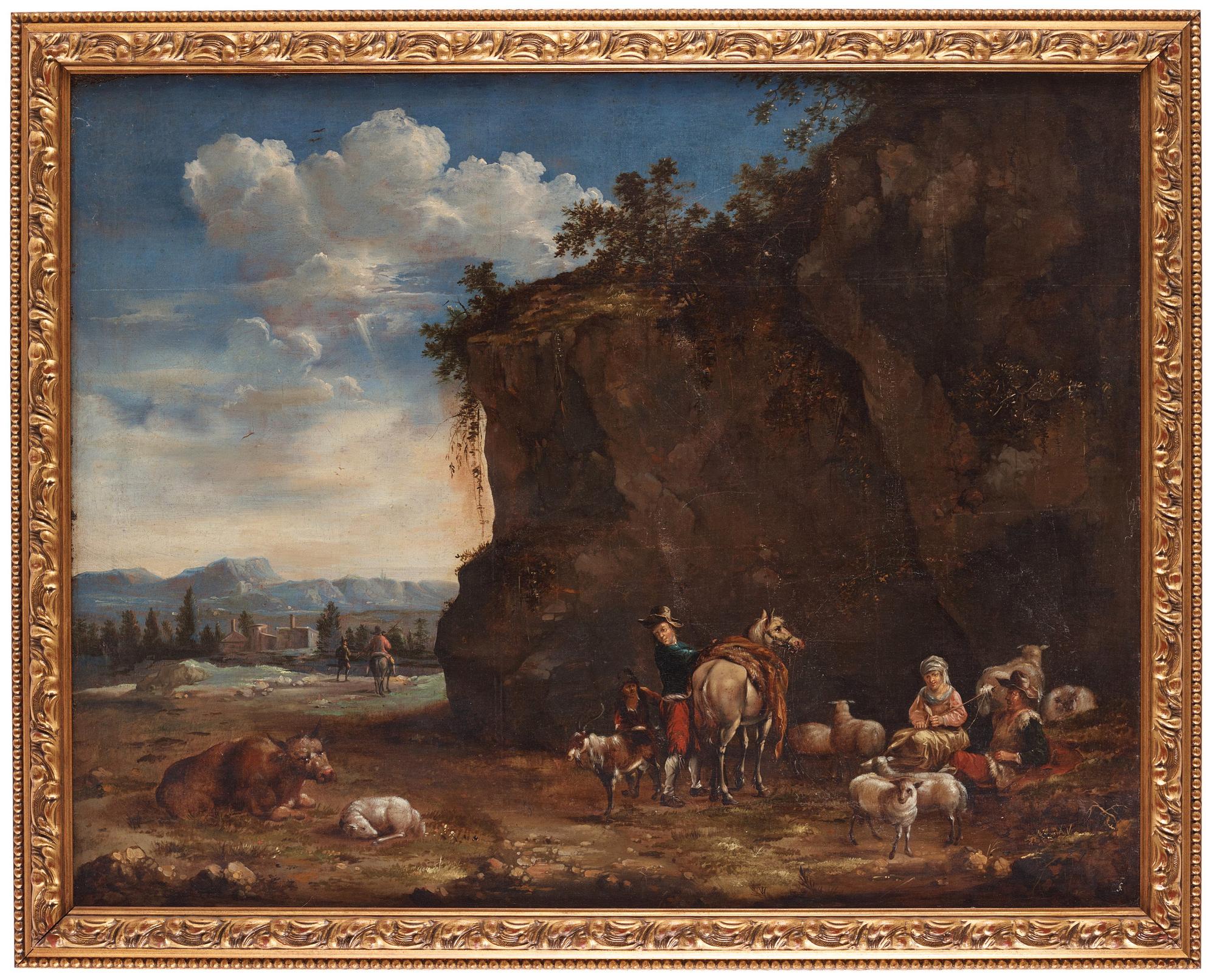 Jan Willemsz. Lapp, hans efterföljd, Arkaiskt landskap med rastande figurer och boskap.