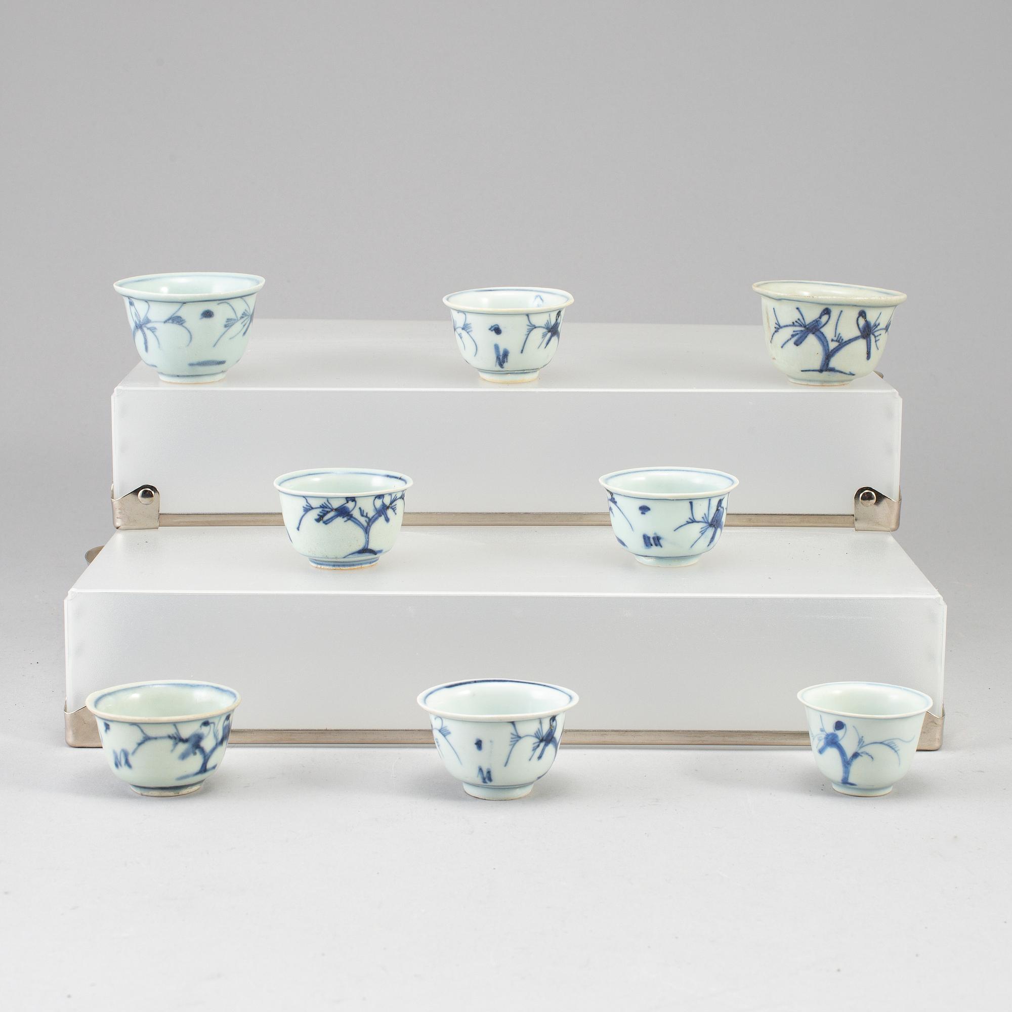 Eight blue and white cups, Ming dynasty (1368-1644).