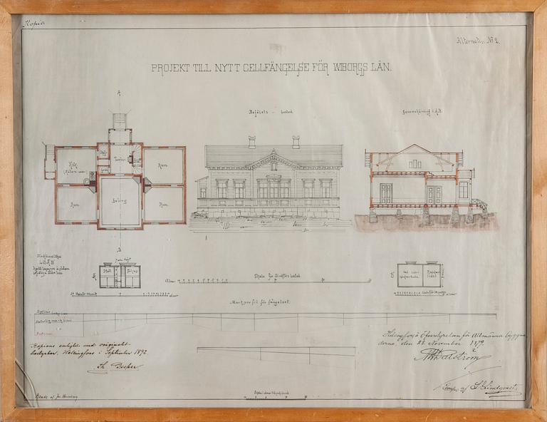 ARKITEKTRITNING, blandteknik, kopia, efter original daterad 1879, ritad af Jac. Ahrenberg 1892.