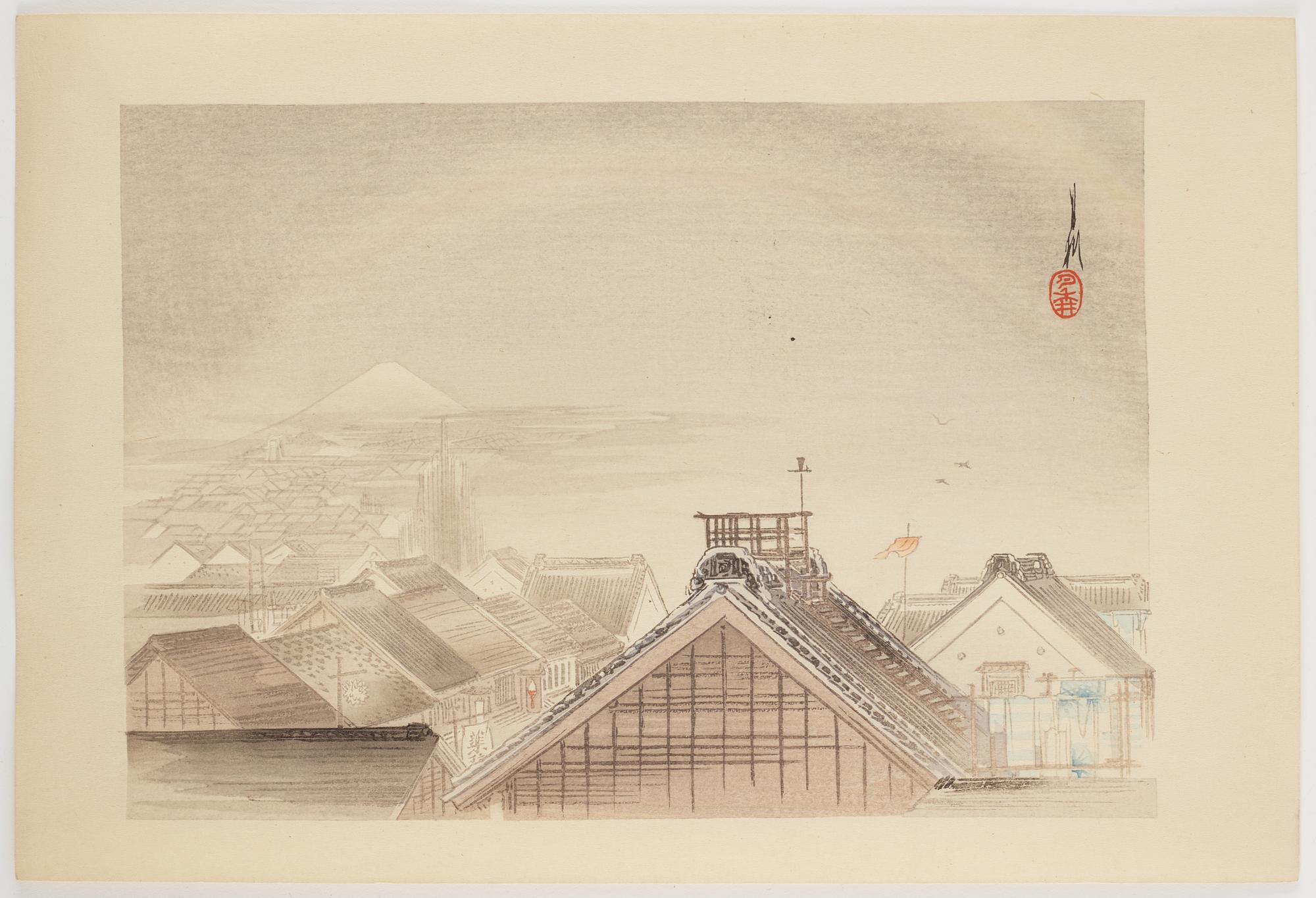 Four coloured woodblock prints. Japan, 20th century.