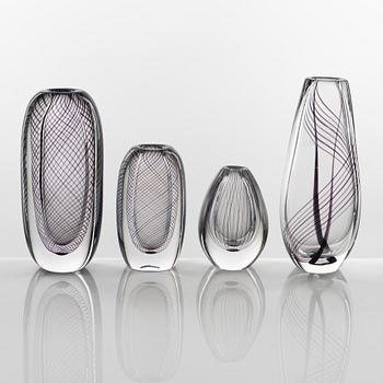 Vicke Lindstrand, four glass vases, Kosta.