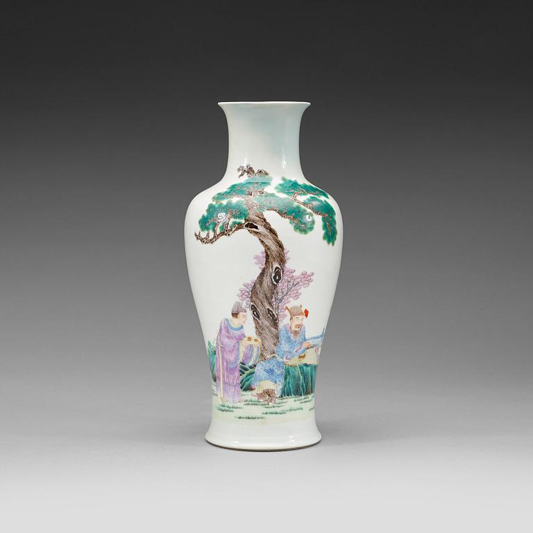 A finely painted famille rose vase, Republic (1912-49) with Qianlong's mark.