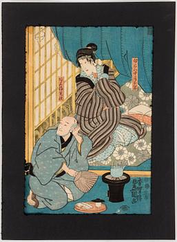 UTAGAWA KUNISADA, även kallad Toyokuni III (1786-1864). färgträsnitt, tre stycken. Japan.