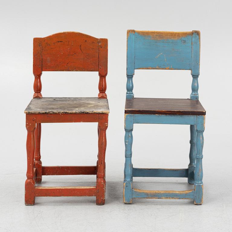 Chairs, five pieces, similar, folk art, late 19th century.