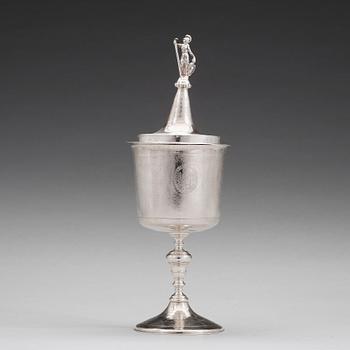 An English 17th century silver cup and cover, makers mark IM, London 1685.