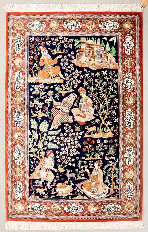 Ghom silk rug, signed, approximately 153x100 cm.
