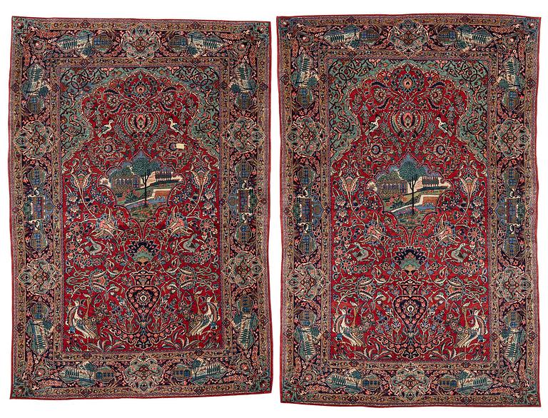 Mattor, ett par, figurala Keshan, centrala Persien, ca 204 x 136 resp 200 x 134 cm.
