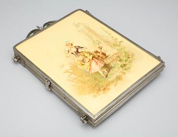 BORDSSPEGEL, vitmetall samt plastliknande material, 1900-talets mitt.