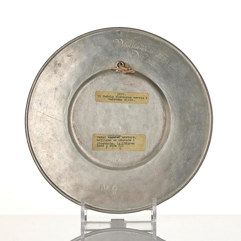 A pewter plate from Hedvig Eleonora's 'Wadstena' service, dated 1670.