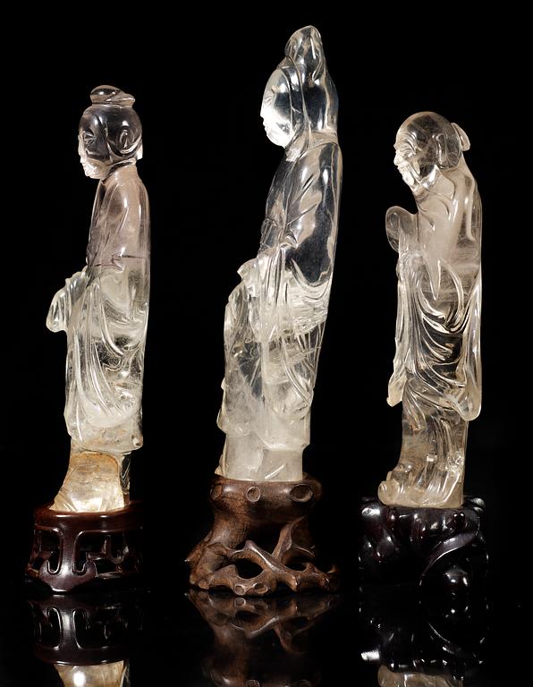 A set of  three rock chrystal figures, late Qing dynasty.