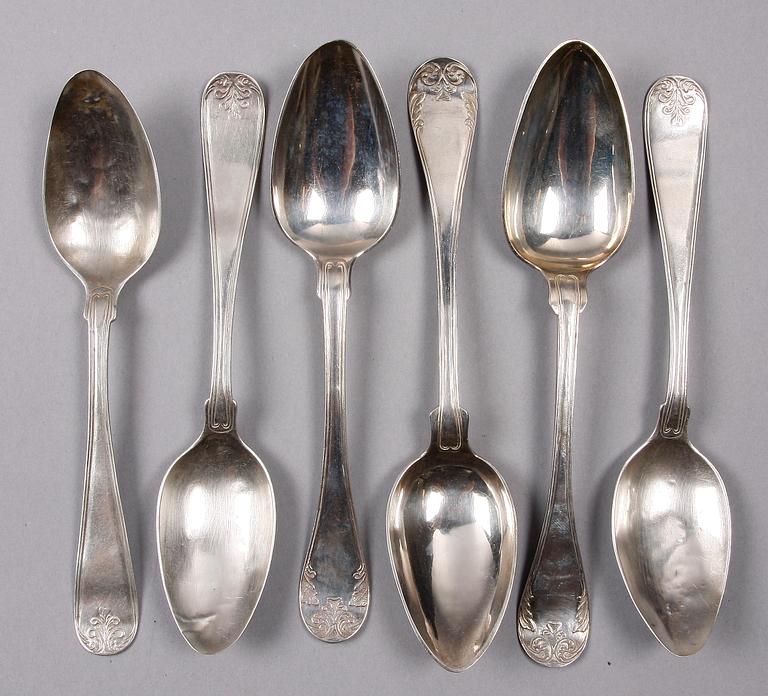 SKEDAR, 6 st, silver, Olof Hagrelius, Mariefred, Gustav Graumann, Falun, Otto Wilhelm Kjellberg, Västerås, 1838-73.