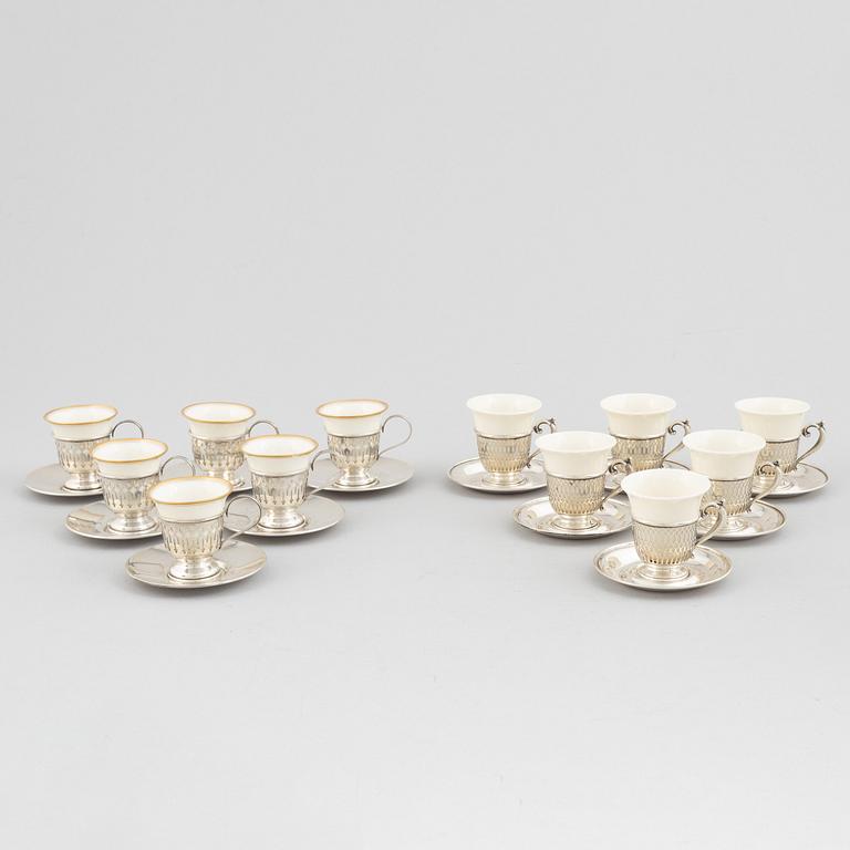6+6 sterling silver cupholders with saucers and porcelain cups, including John Wanamaker, USA, early 20th century.
