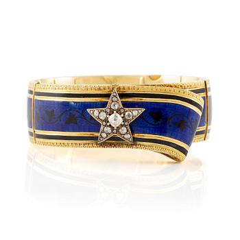 502. A bangle in 18K gold set with old-cut diamonds and blue enamel, France mid-19th century.