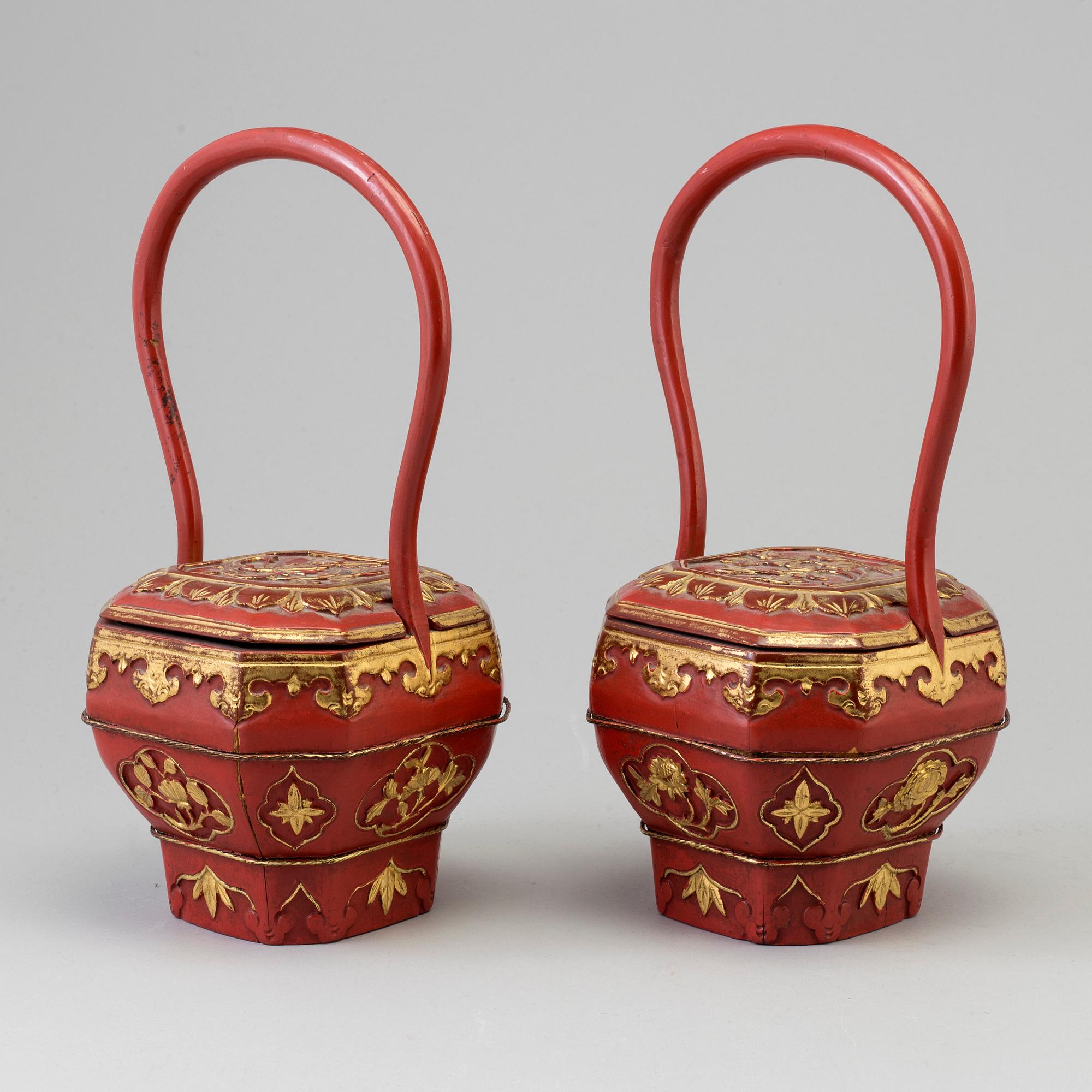 A pair of Chinese red lacquered baskets, early 20th Century.