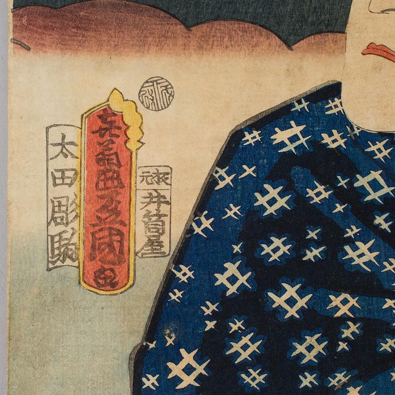 KUNISADA, also known as Toyokuni III (1786-1864), color woodblock print. Japan, 19th century. Figures.
