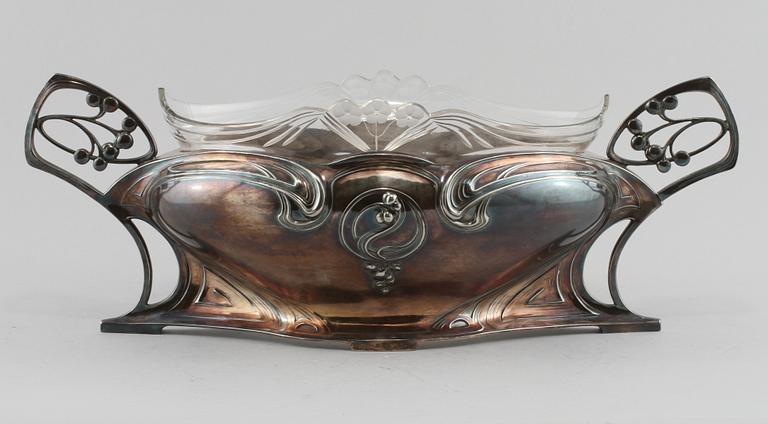 JARDINIERE, britanniametall och glas, jugend, WMF, Tyskland, 1900-talets början.