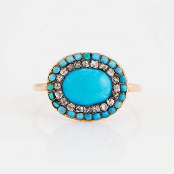 1070. A 14K gold ring set with turquoises and old-cut diamonds.