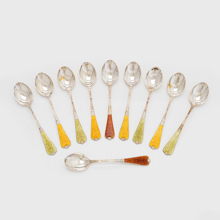 A ten-piece set of enamelled sterling silver coffee spoons, Auran Kultaseppä, Turku 1982.