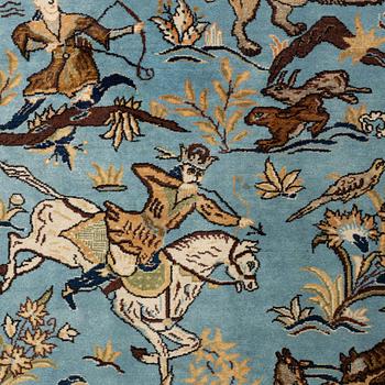 Matto, old Qum figural part silk, ca 213 x 135,5-139 cm.