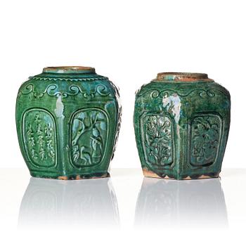 A set of two green glazed Chinese jars, 20th century.