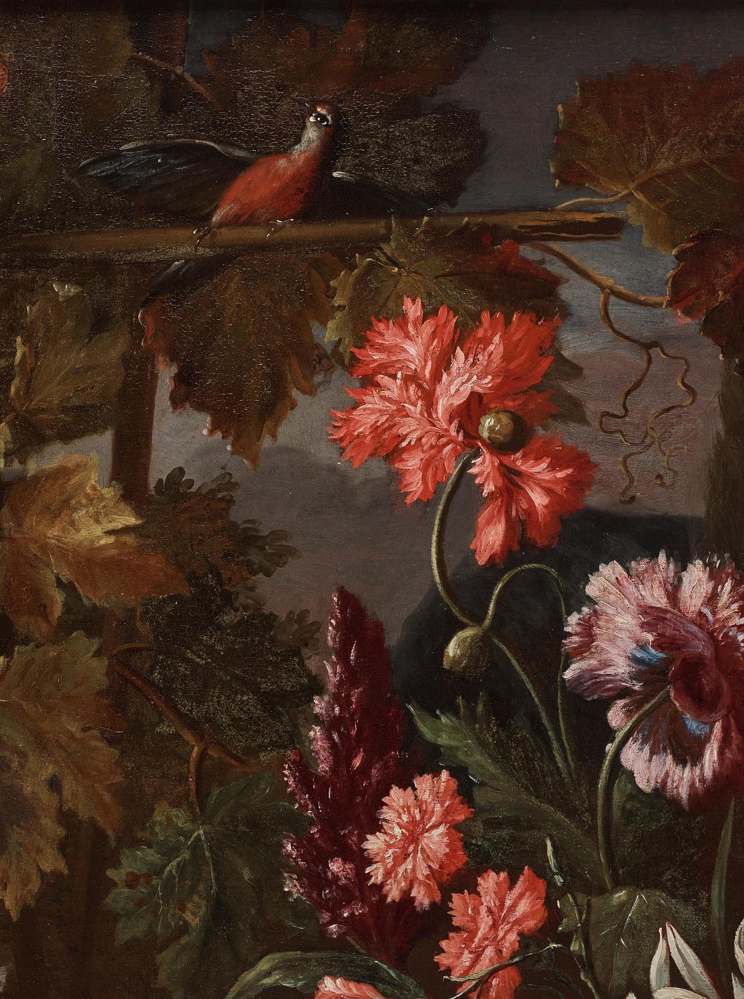 Franz Werner von Tamm & Carlo Maratti, attributed to, Still life with flowers, grapes, and a woman in a landscape.