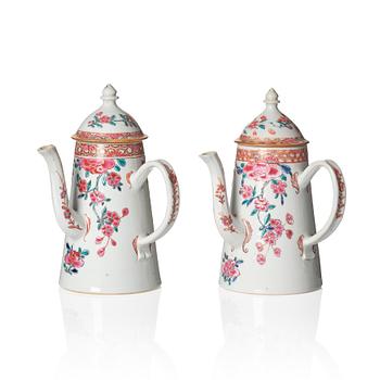 A pair of famille rose coffee pots with covers, Qing dynasty, Qianlong (1736-95).