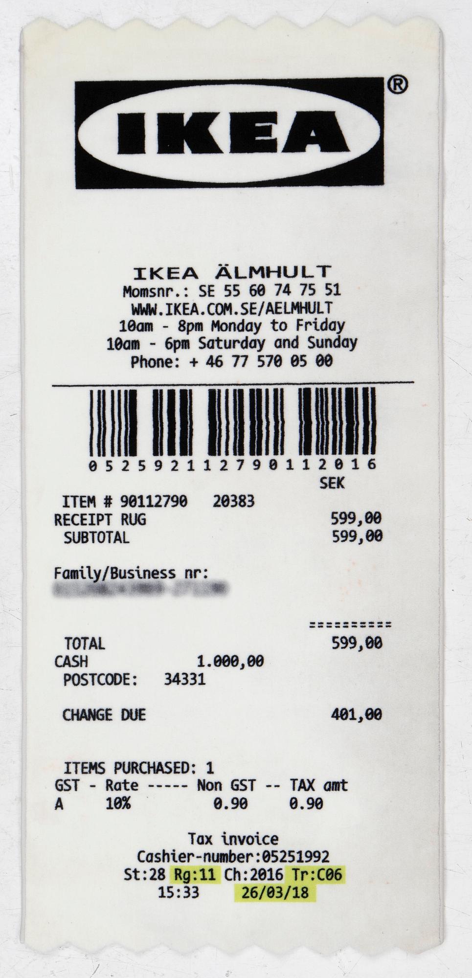 Virgil Abloh, a carpet, 'Kvitto' ('Receipt'), IKEA x Virgil Abloh, the 'MARKERAD' collection, c 197 x 90 cm.