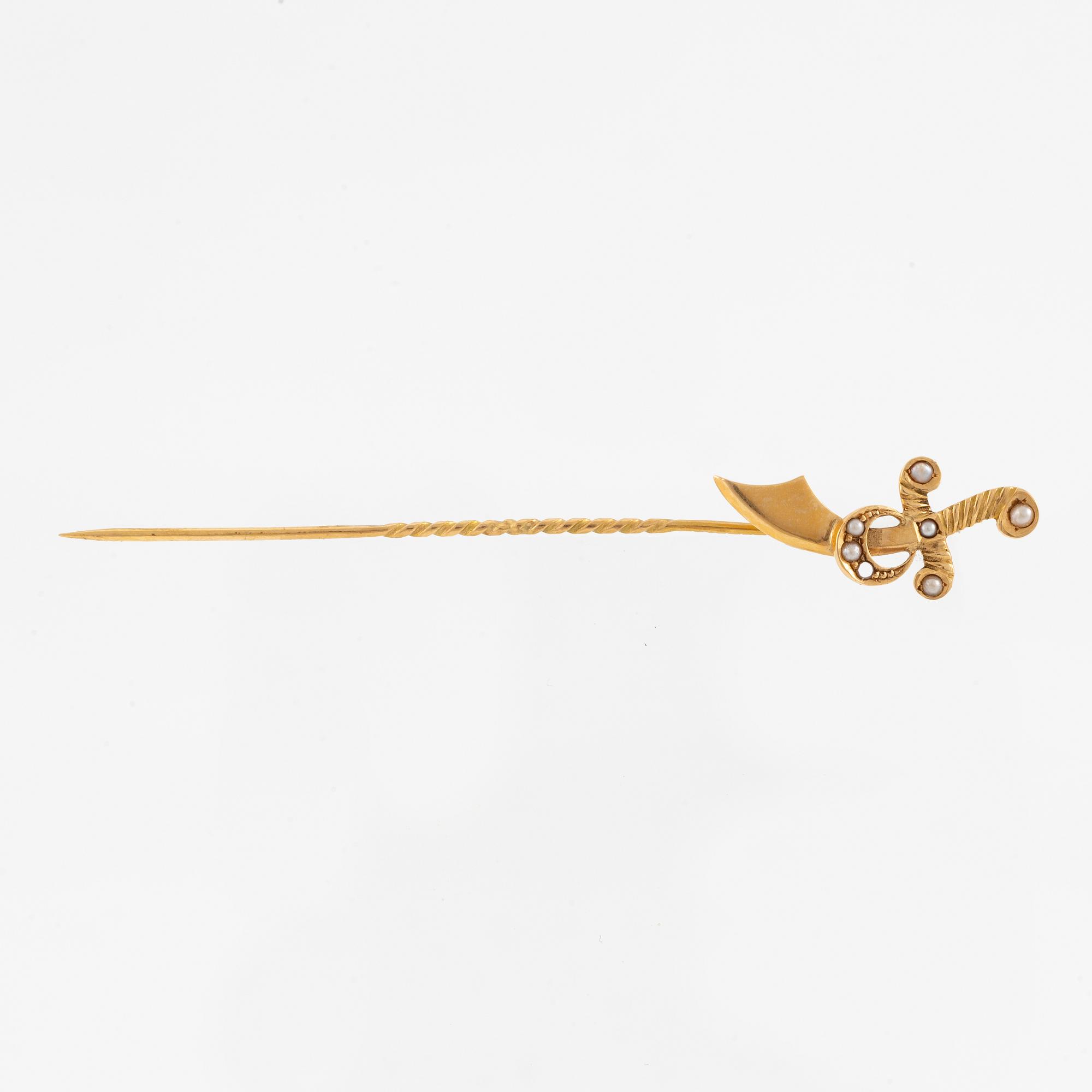 Tie pin/hat pin, in the form of a sword, 18K gold with seed pearls.