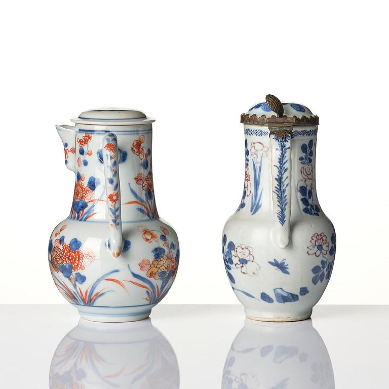 An underglaze red, celadon and an imari ewer with cover, Qing dynasty, Kangxi (1662-1722).