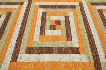 Barbro Nilsson, matto, a runner, "Ostia orange", flat weave, ca 306-307 x 99-100 cm, signed AB MMF BN.