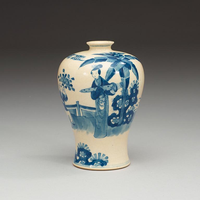 A blue and white soft paste meiping vase, late Qing dynasty (1644-1912), with Kangxi six character mark.