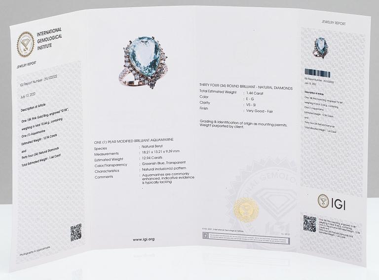 Ring, 18K roséguld, diamanter ca 1.44 ct tot och akvamarin ca 12.94 ct. IGI-certifikat.