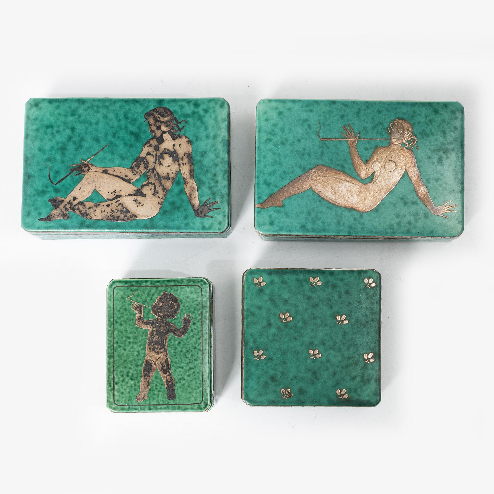 Wilhelm Kåge, four 'Argenta' stoneware boxes, Gustavsberg.