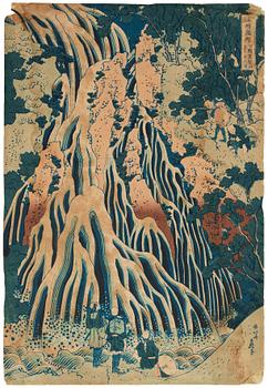 633. KATSUSHIKA HOKUSAI (1760–1849), after, colour woodblock print, Japan, "The Falling Mist Waterfall".