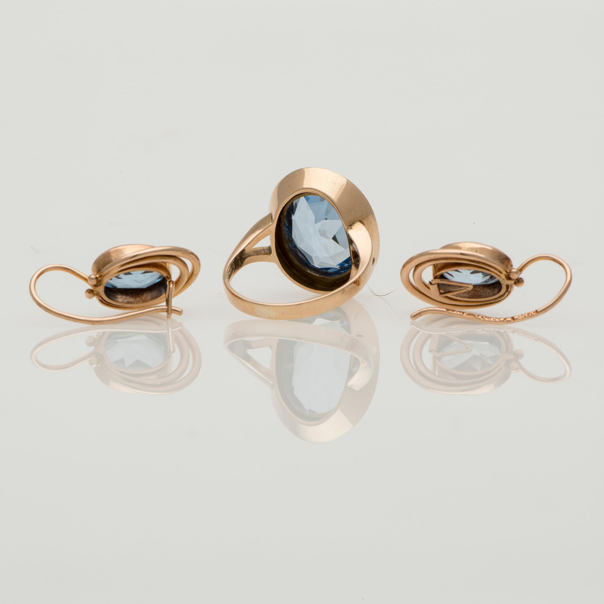 RING och ÖRHÄNGEN, 14K guld, syntetiska spineller. Helsingfors 1958 och 1962.