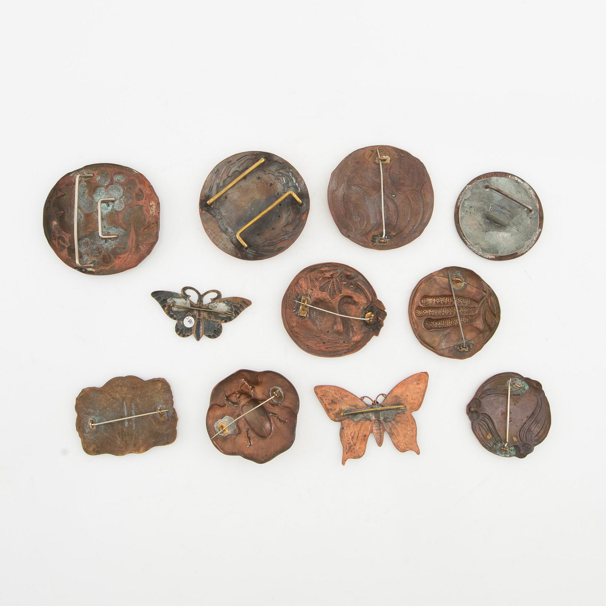 Brooches and buckles 11 pcs Art Nouveau early 20th century copper.