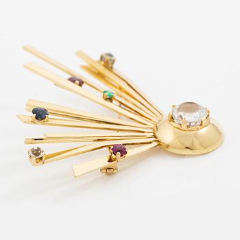 Brosch 18K guld med fasettslipade ädelstenar, H Strömdahl sannolikt 1961.
