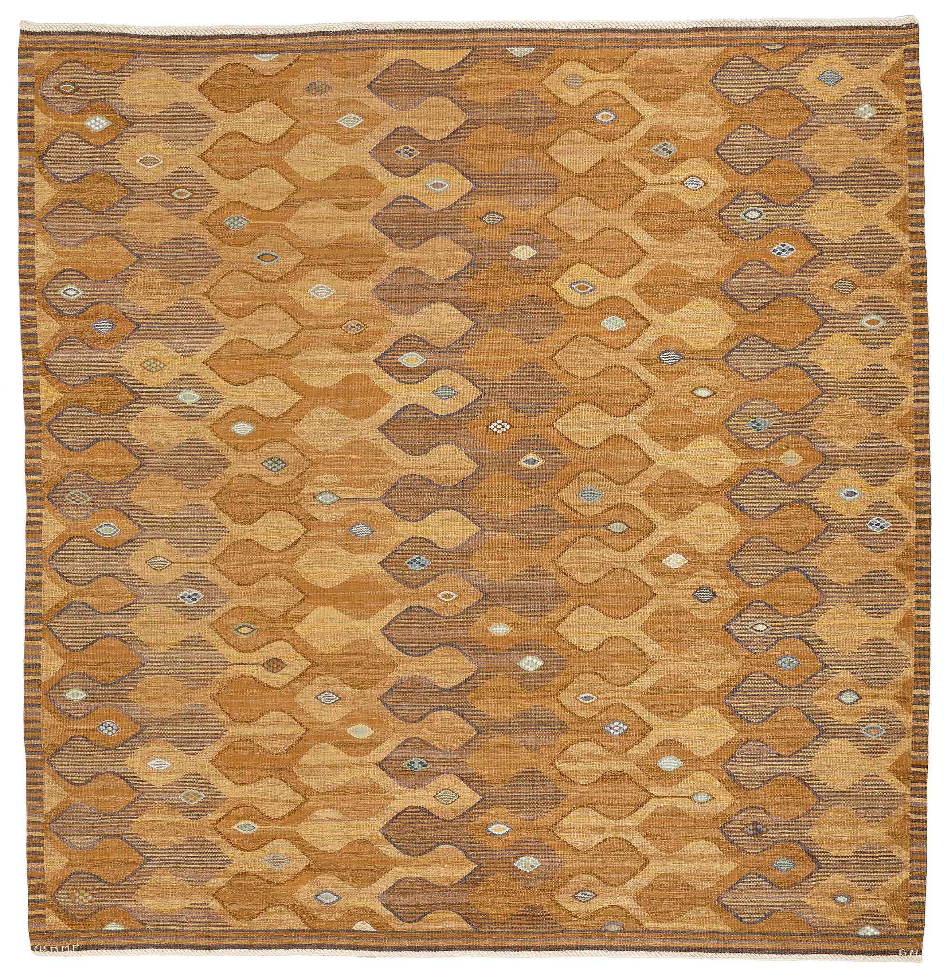 Barbro Nilsson, A CARPET, "Finspong, lättbrun" ("Kringelikroka"), flat weave, ca 315,5 x 304 cm, signed AB MMF BN.