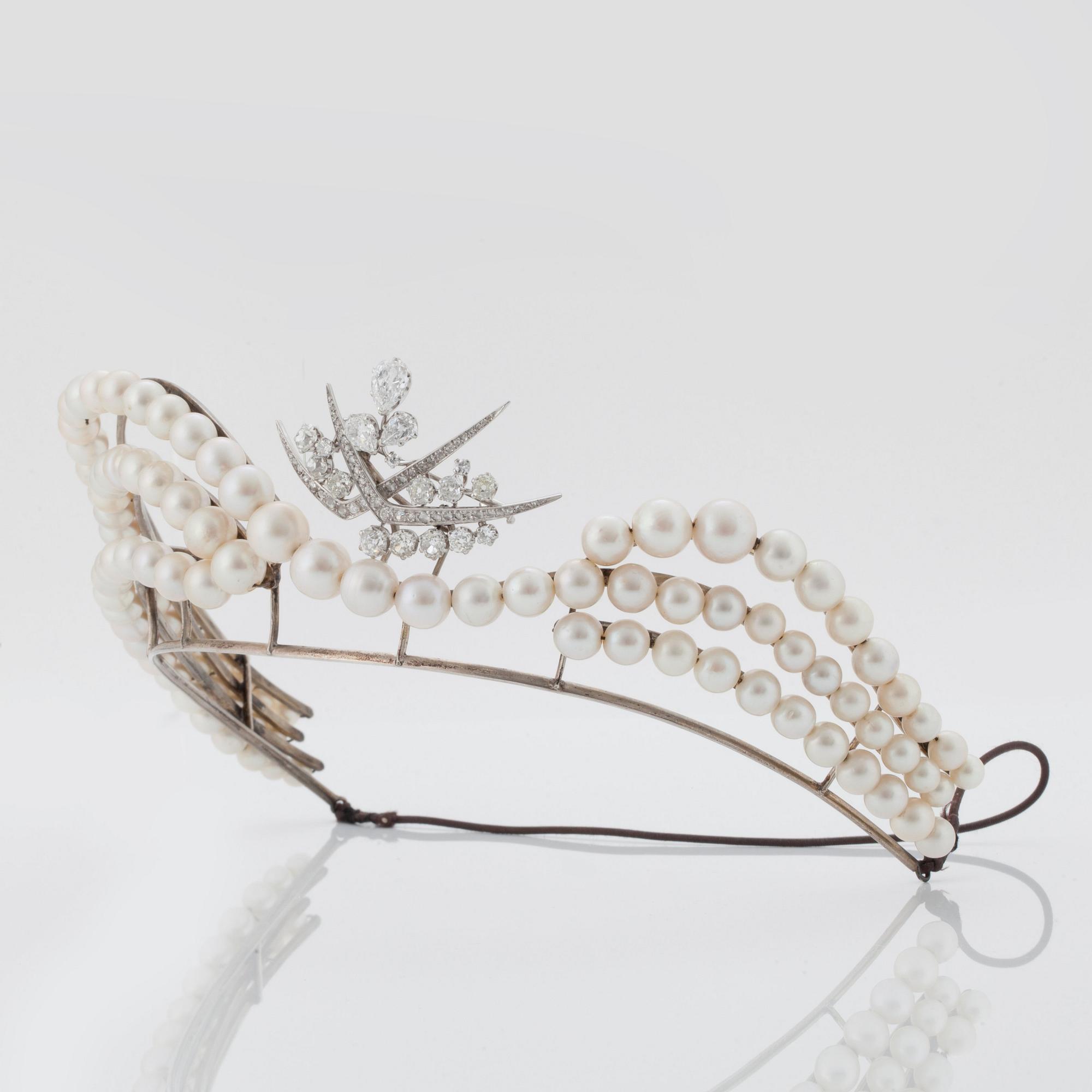 A TIARA with cultured pearls and a detachable brooch set with old-cut diamonds.