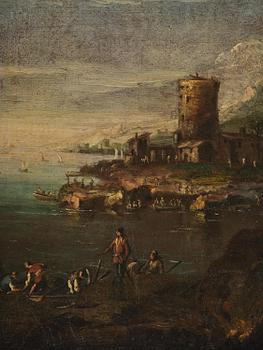 Salvator Rosa, Harbour scene with figures and boats.