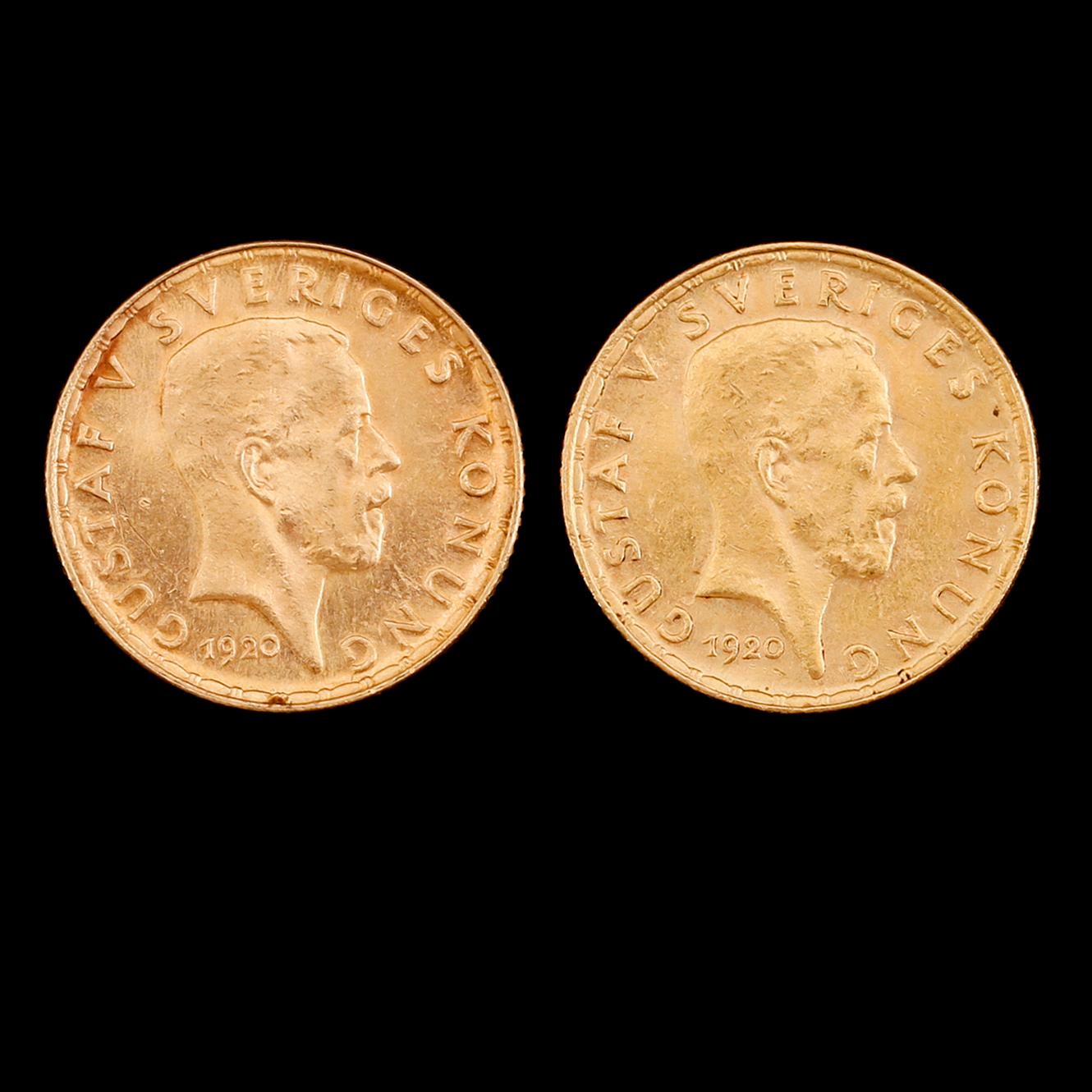 GULDMYNT, 2 st, 5 kronor, Gustaf V, 1920. Vikt ca 4 gram.