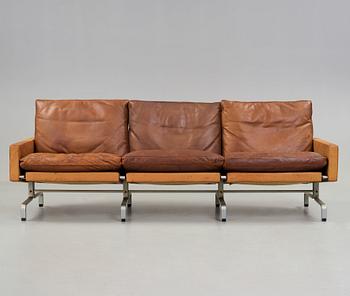 Poul Kjaerholm, a 'PK-31-3' three seated steel and brown leather sofa, E Kold Christensen, Denmark 1960's.