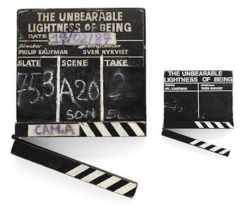 CLAPPER BOARDS, 2 pieces, from the movie-making of the movie "The unbearable lightness of being", USA 1988. Director: Philip Kaufman.