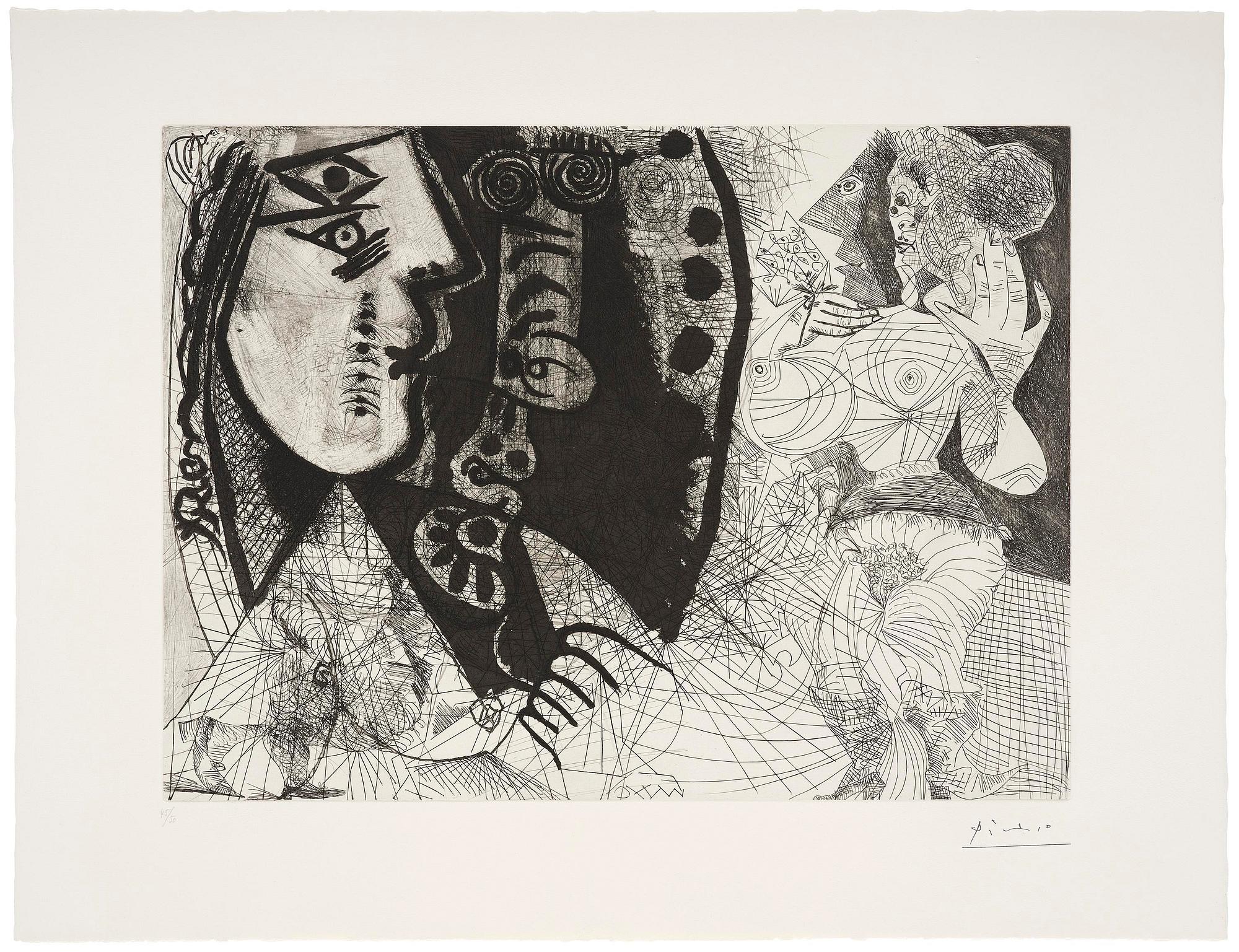 Pablo Picasso, "Couple: Femme et homme-chien, avec femme à la fleur", from: Series 156.