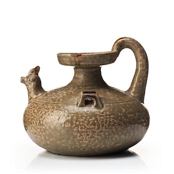 A olive green glazed wine jar, probably Jin/Six dynasties (265-420).