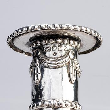 A pair of Swedish 18th century silver candlesticks, marks of Fredric Meyer, Karlshamn 1787.