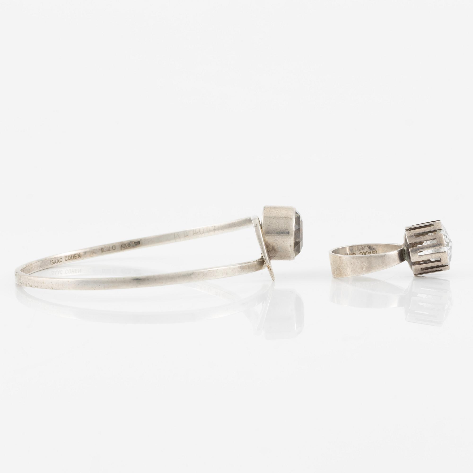 Isaac Cohen, bracelet and ring, silver with rock crystal. 1960s.